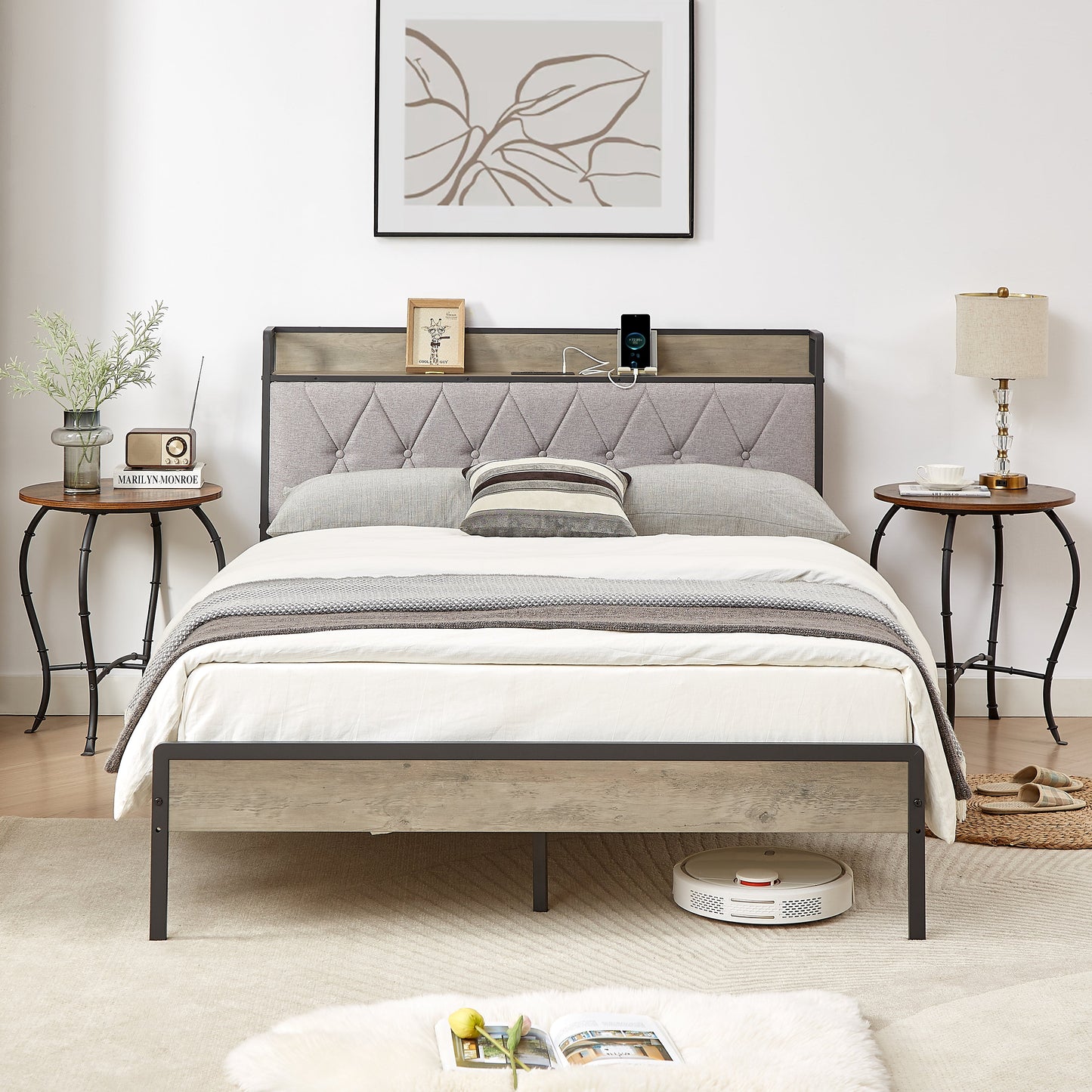 Premium Grey Full Size Bed Frame with Charging Station
