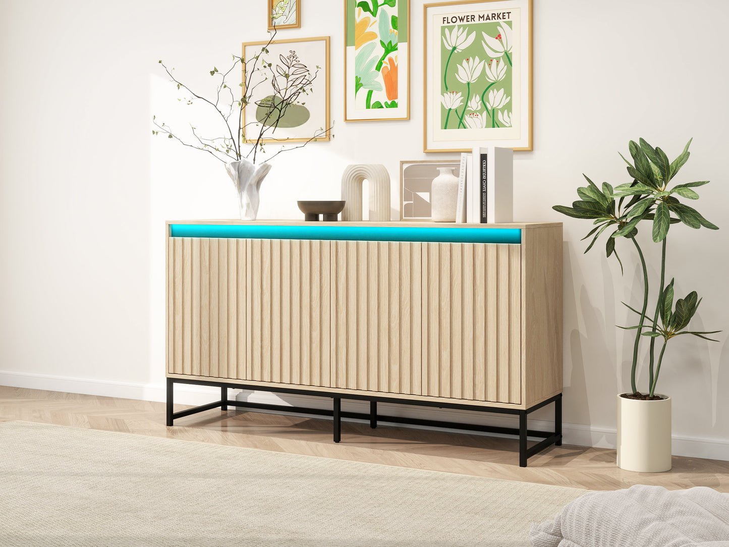 Engraved 4-door side panel with LED, self-service cabinet storage cabinet, modern coffee bar cabinet with adjustable shelves - Korvel