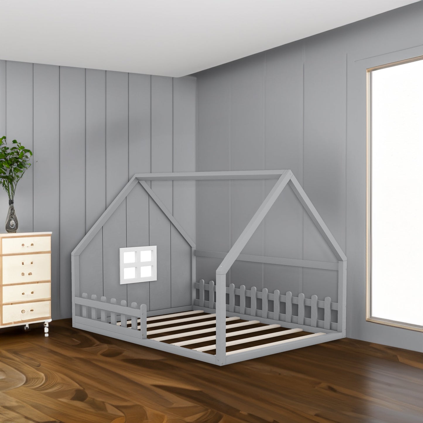 Full Size Wood House Bed with Window and Fence  Gray - Korvel