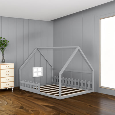 Full Size Wood House Bed with Window and Fence  Gray - Korvel