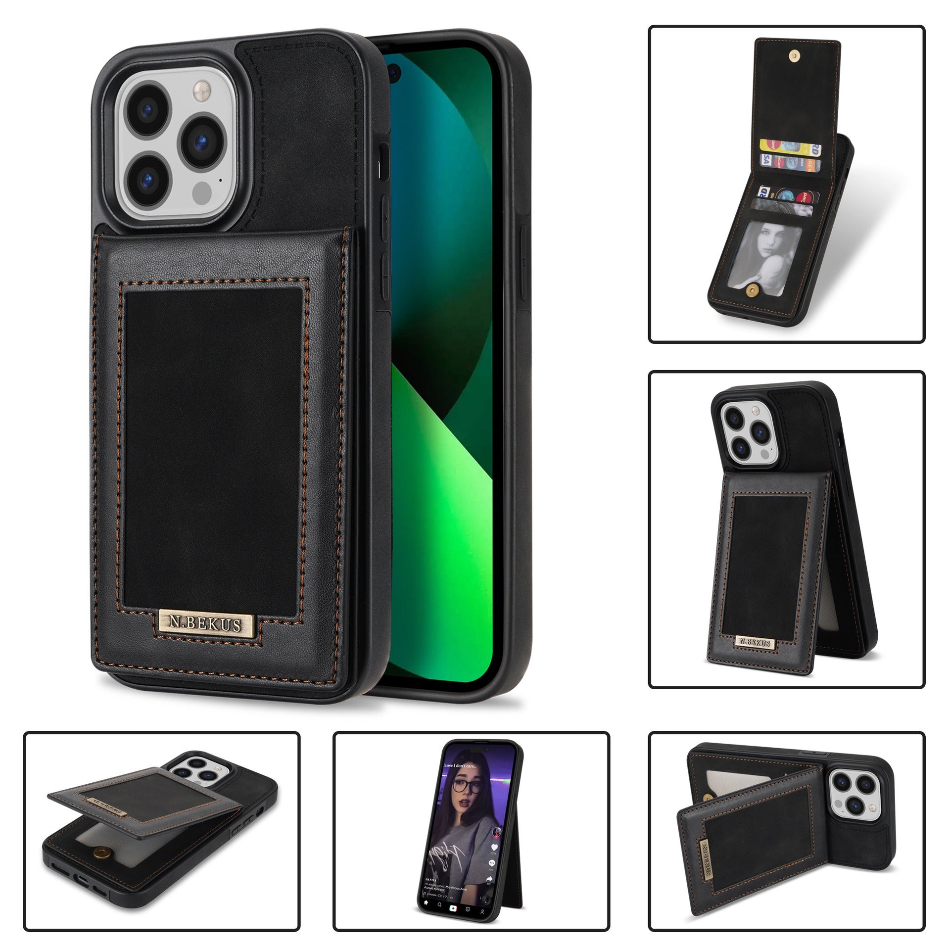 For iPhone 14ProMax Card Holder Phone Leather Case Samsung S23Ultra Photo Frame Magnetic Buckle Protective Case - Korvel