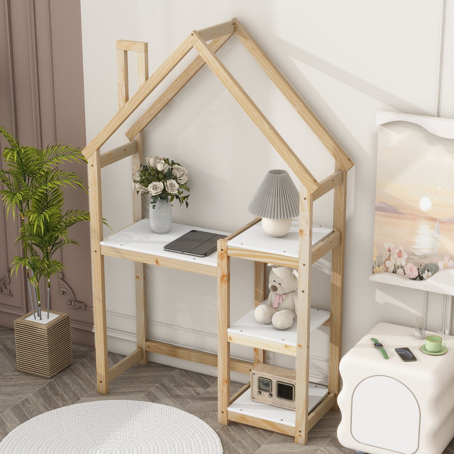 House-shaped Wooden writing Desk Kids study Table Bookshelf & Toy Storage Natural - Korvel