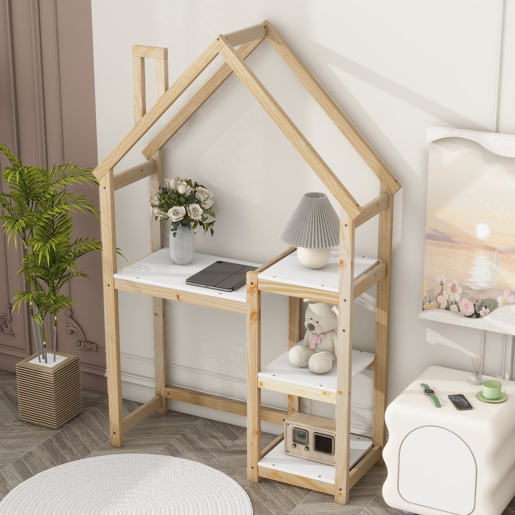 House-shaped Wooden writing Desk Kids study Table Bookshelf & Toy Storage Natural - Korvel