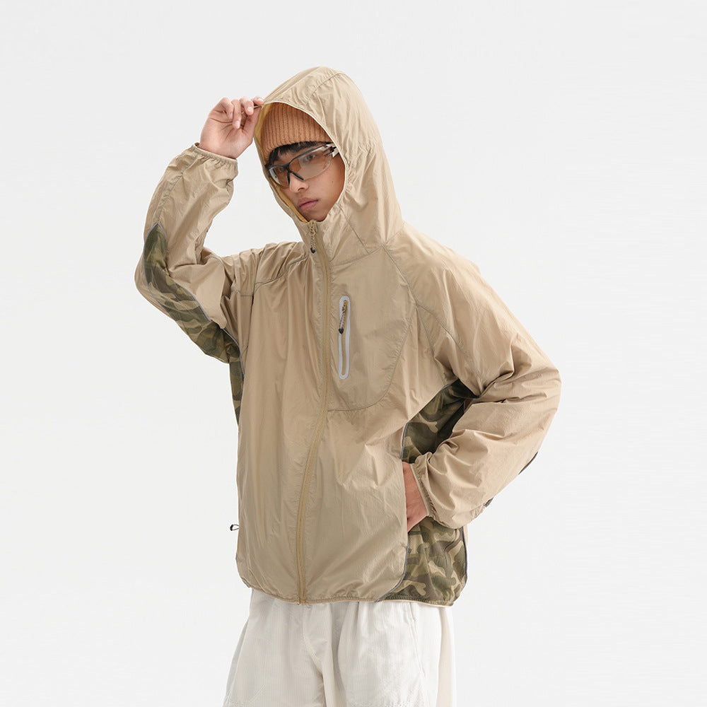 Camouflage Spliced Thin Hooded Sun Protection Clothing Men's Outdoor Sports Reflective Design Casual Jacket Trendy - Korvel