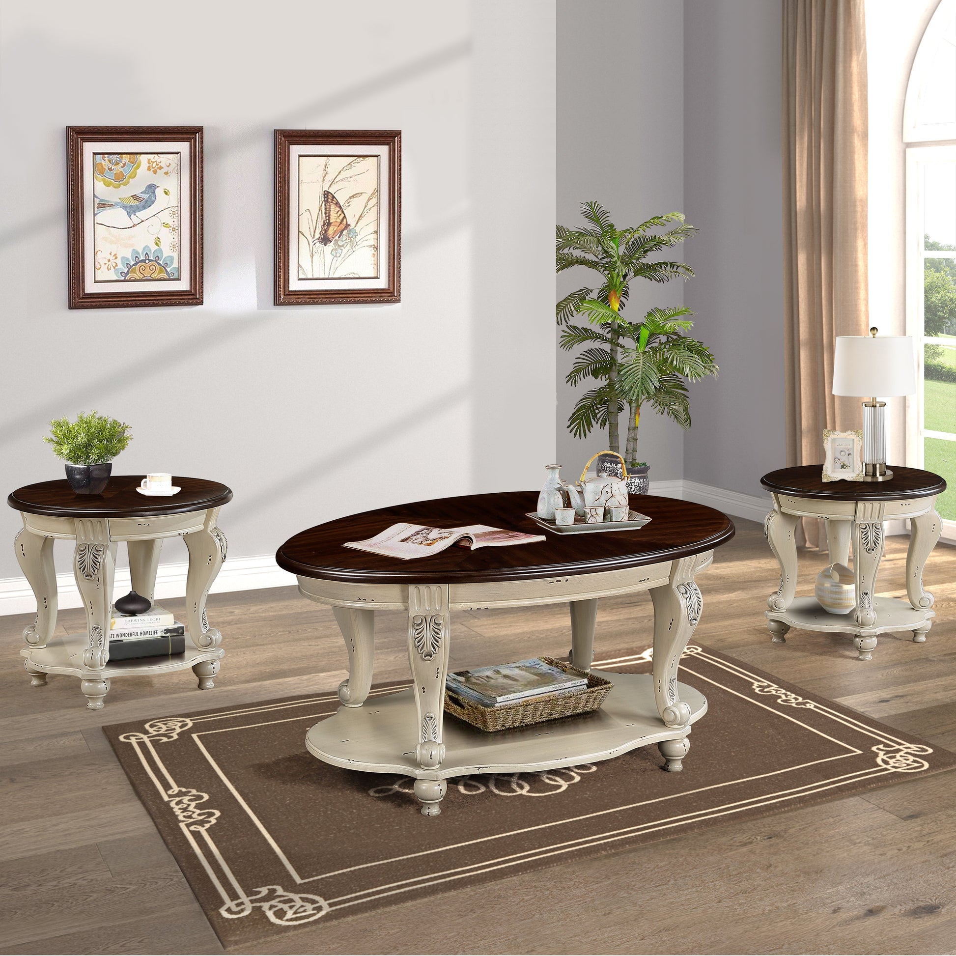42 inch oval wooden coffee table, 2-story solid wood cocktail table with open storage rack, antique white and cherry tabletop - Korvel
