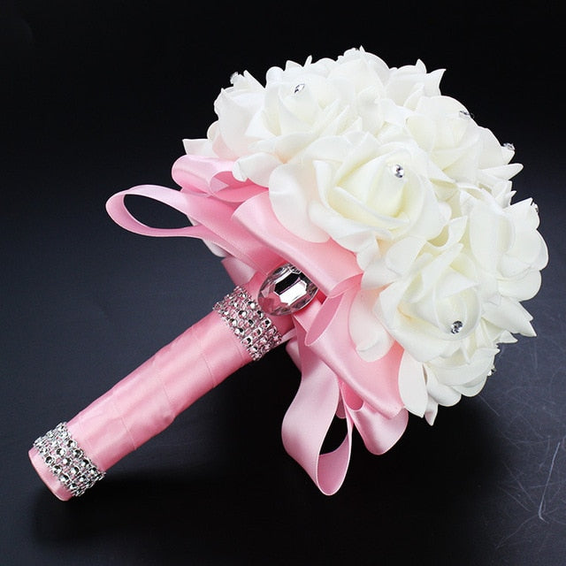 White Ivory Bridal Bridesmaid Flower Wedding Bouquet Artificial Flower Rose Bouquet Crystal Bridal Bouquets - Korvel
