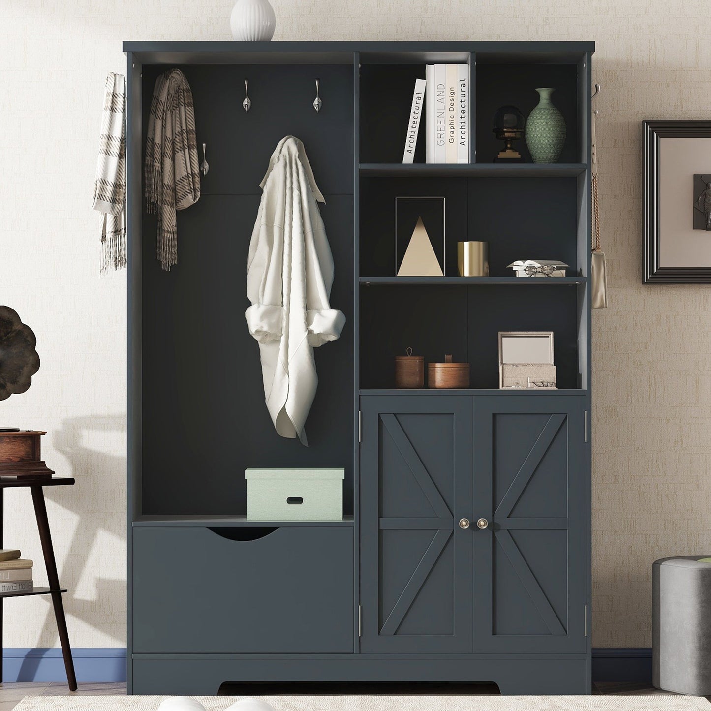 Armoire d'entrée élégante et multifonctionnelle avec rangement en bleu antique