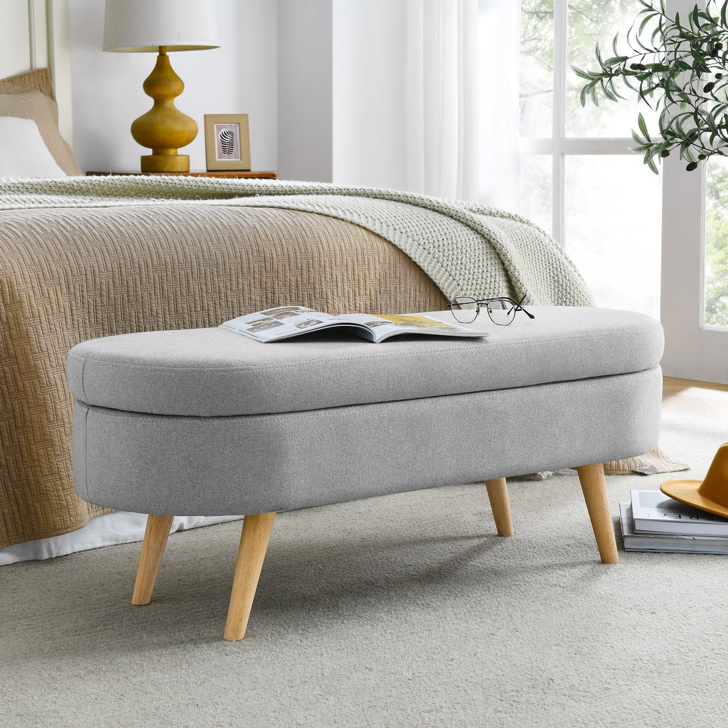 Ottoman Oval Storage Bench Rubber Wood Legs Grey(43.5"x16"x16") - Korvel