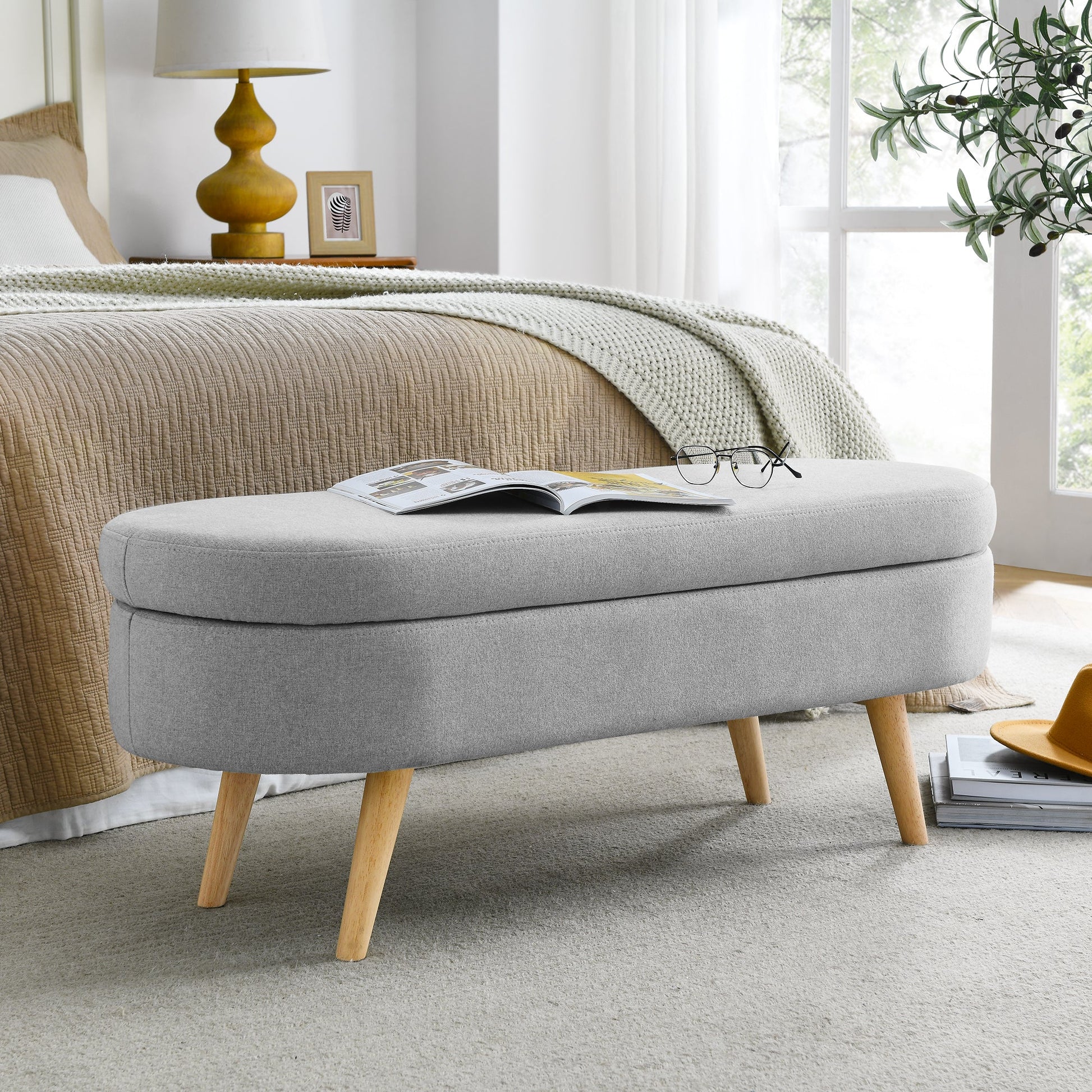 Ottoman Oval Storage Bench Rubber Wood Legs Grey(43.5"x16"x16") - Korvel