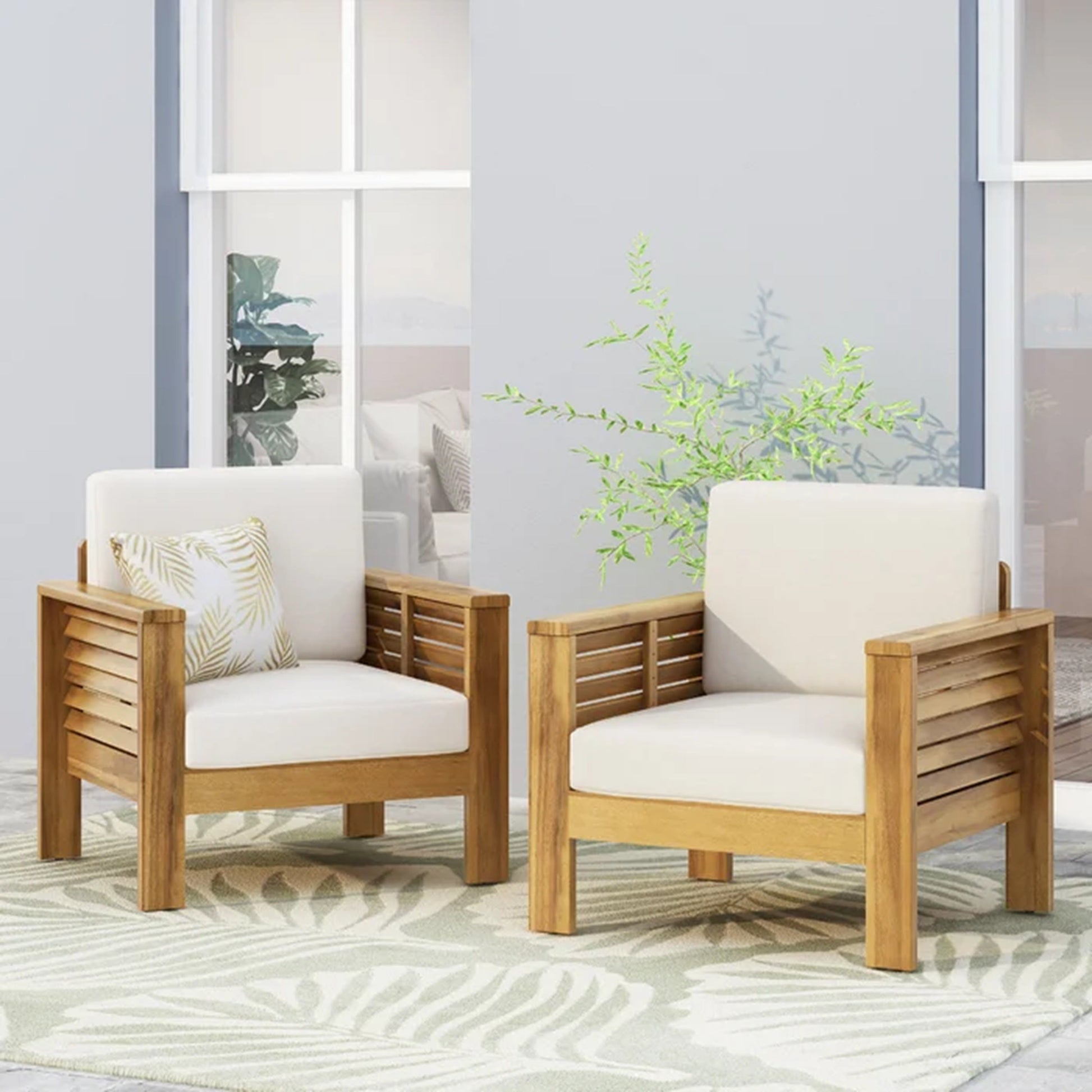 ( Set of 2) Outdoor Acacia Wood Club Chairs with Cushions, Teak+Beige, 27.75"D x 32"W x 27.75"H - Korvel
