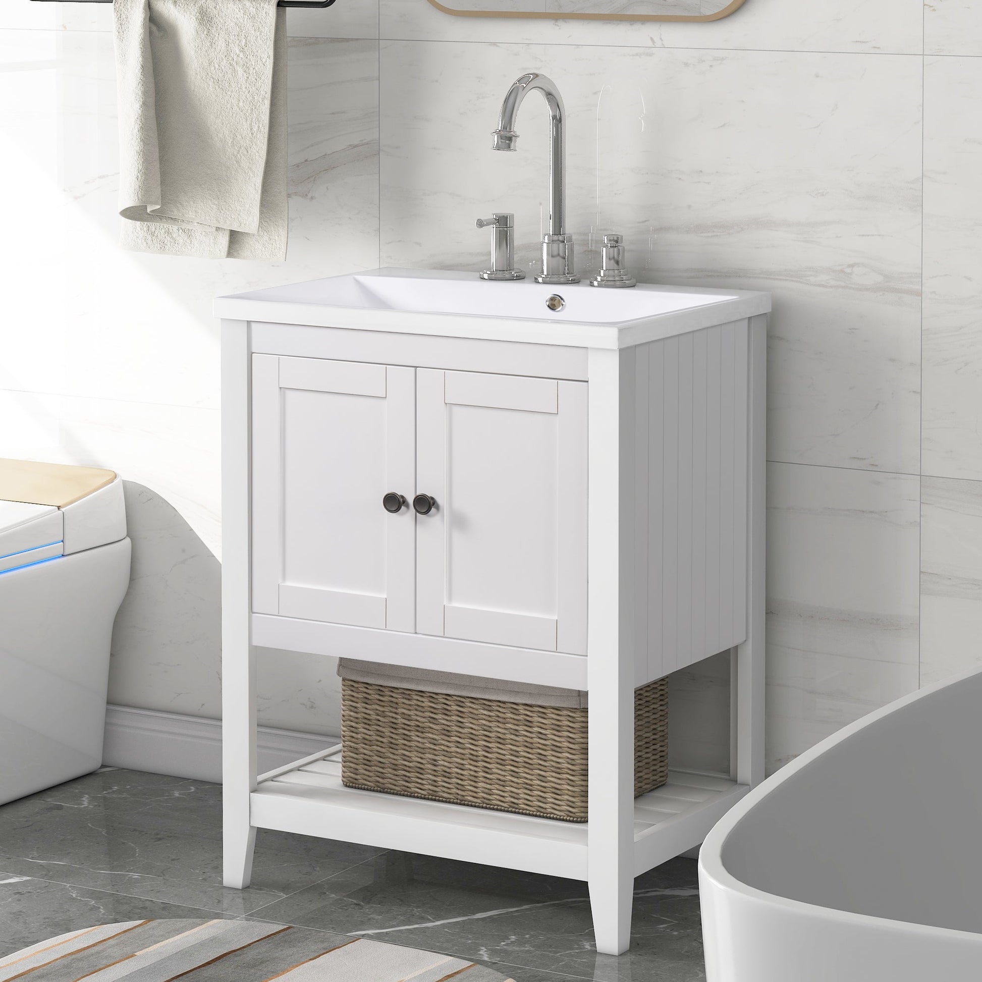 24" White Modern Sleek Bathroom Vanity Elegant Ceramic Sink with Solid Wood Frame Open Style Shelf - Korvel