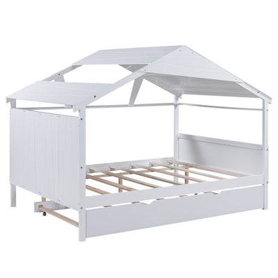 Wood Full Size House Bed with Twin Size Trundle and Storage  White - Korvel