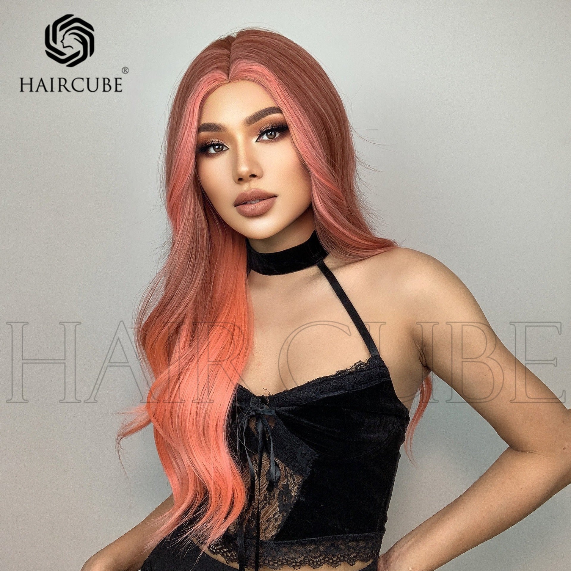 Long Curly Hair 24inch Women's Wig Set In The Middle Part Orange Pink - Korvel