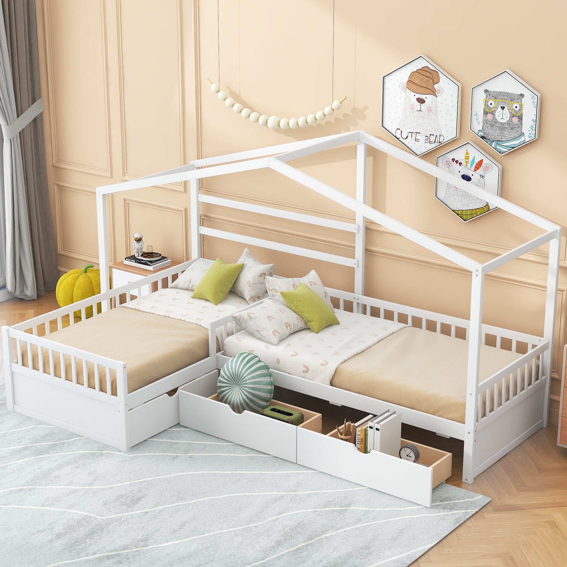 Twin Size House Platform Bed with Three Storage Drawers White - Korvel