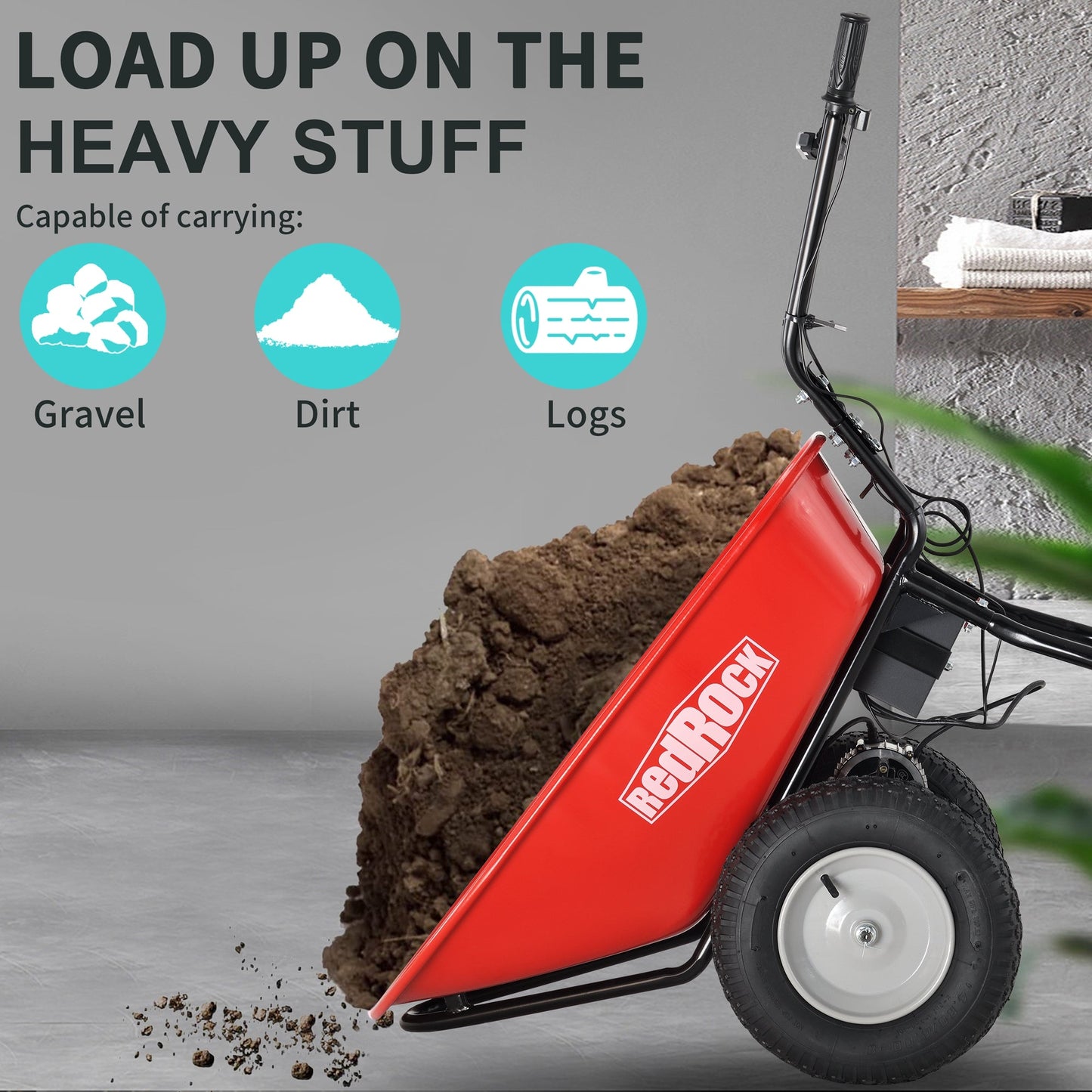 Red Rock Wheelbarrow Utility Cart Electric Powered AGM Battery 330lbs (150kgs) Max Capacity Barrel Dump Material Debris Hauler - Korvel
