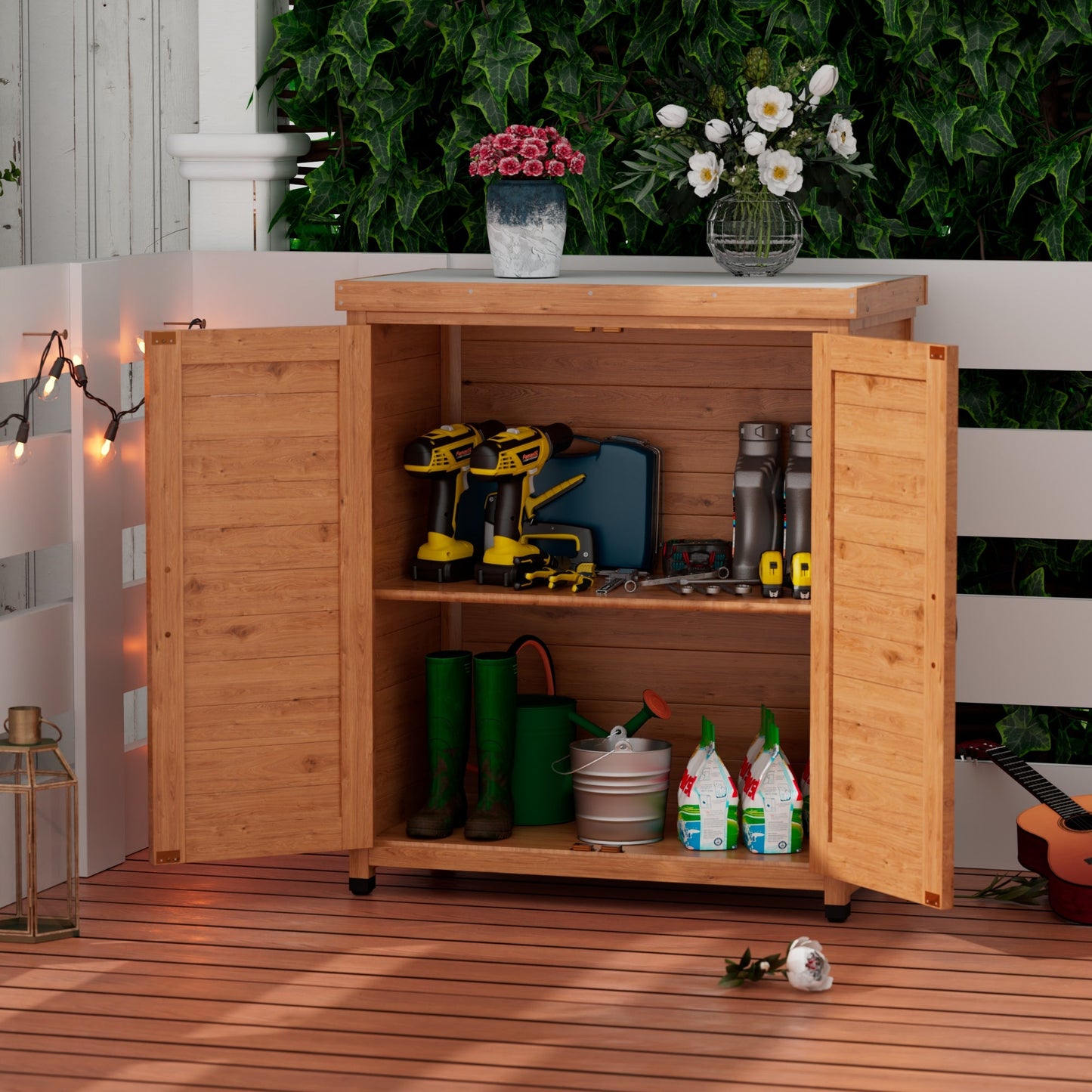 Potting Bench with Storage Cabinet and Metal Table Top for Outdoor Patio,Outdoor Work Station Table - Korvel