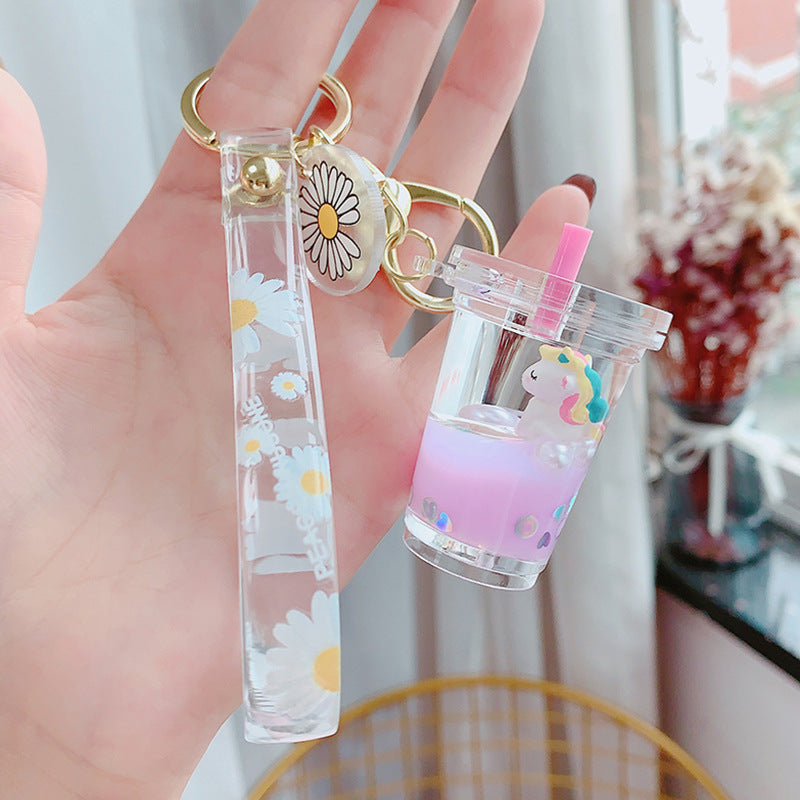 Glitter Quicksand Key Chain Liquid Floating Unicorn Keyring Keychain Bag Charm Milk Tea Cup Pendant Keyfob Gift for Women - Korvel