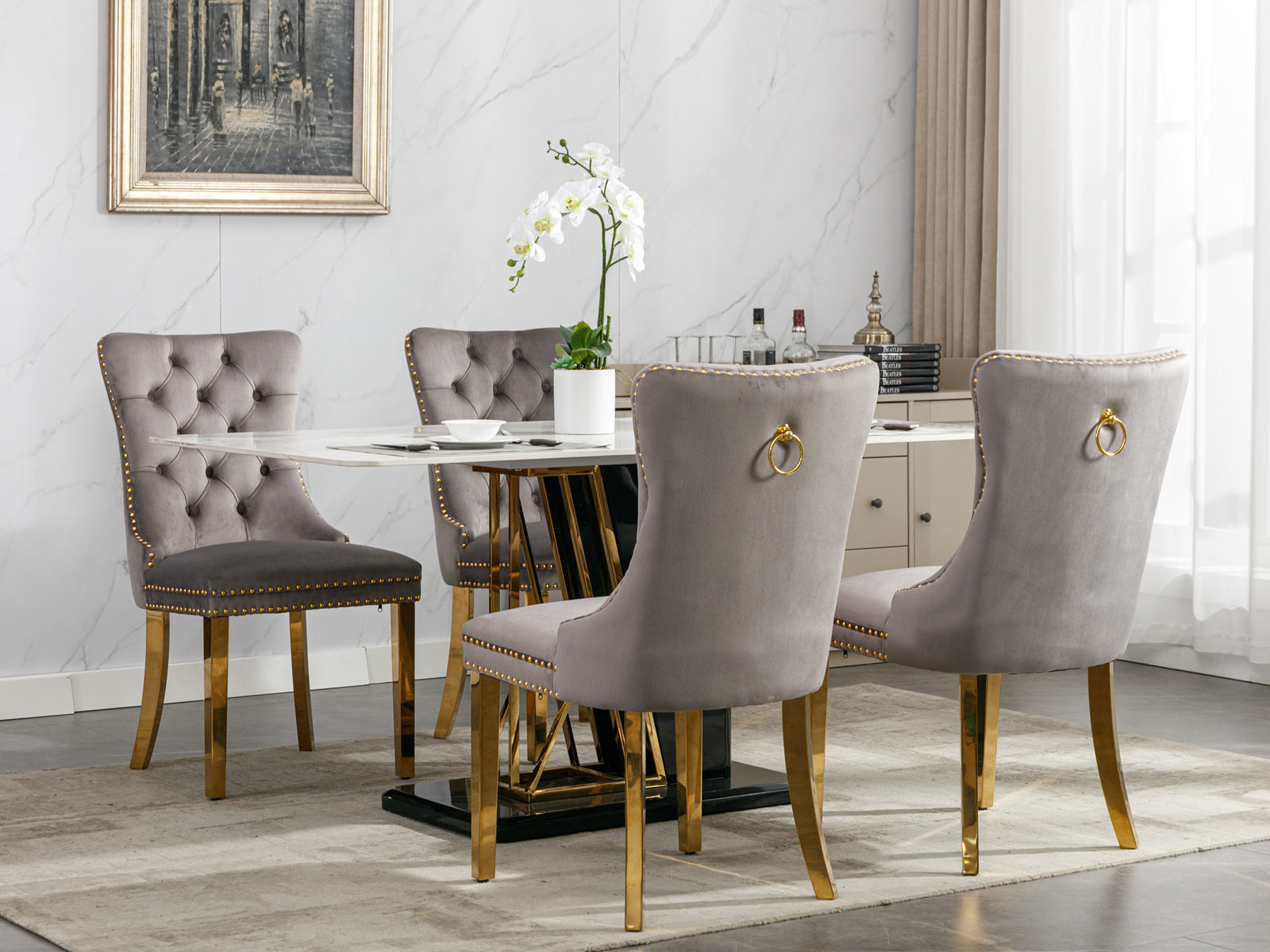 Tufted solid wood velvet cushioned dining chair, gold-plated stainless steel nail leg heads, 2 pieces in gray and gold - Korvel