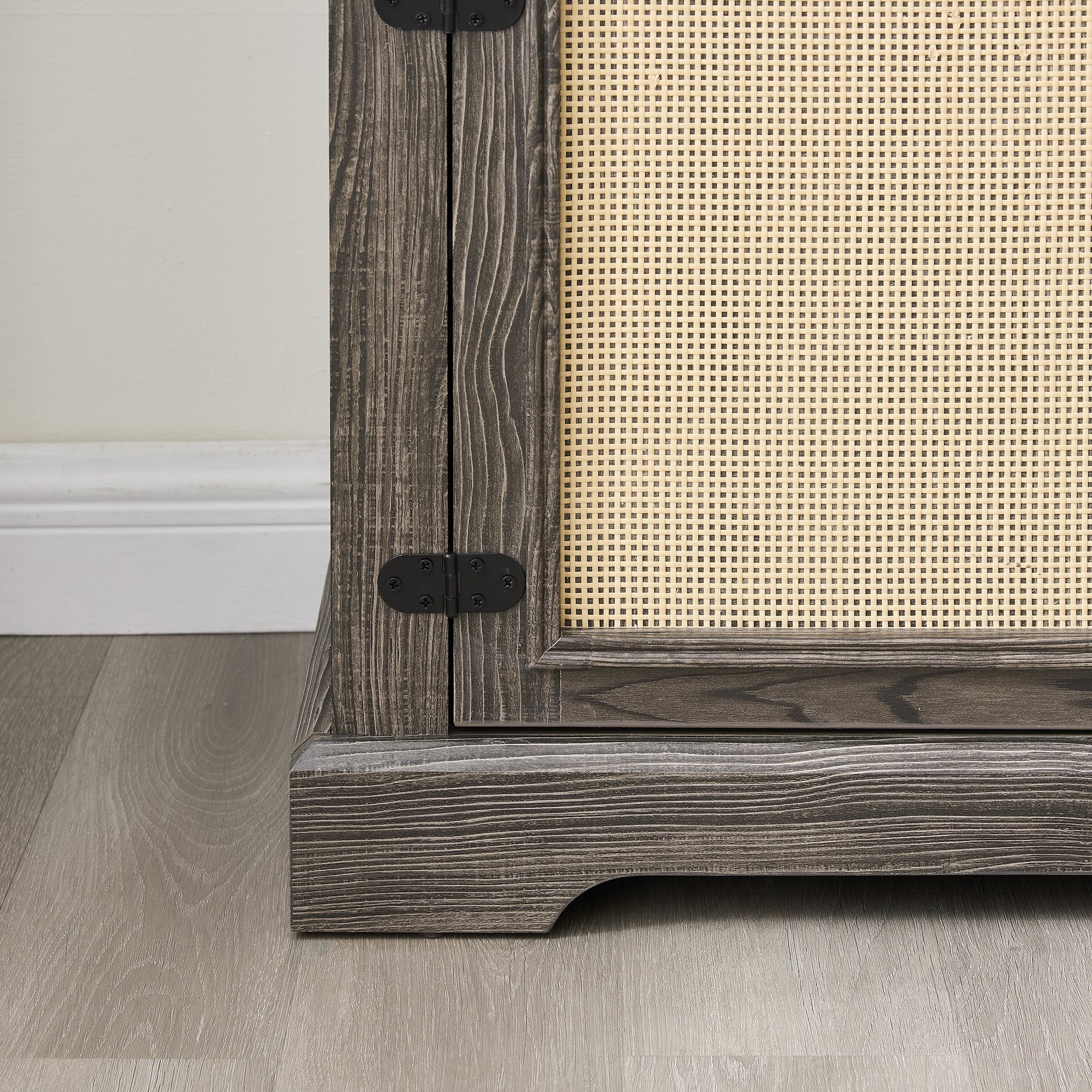 Vine TV stand console table, suitable for TVs under 70 inches, equipped with 2 storage shelves and 2 natural rattan doors, gray - Korvel
