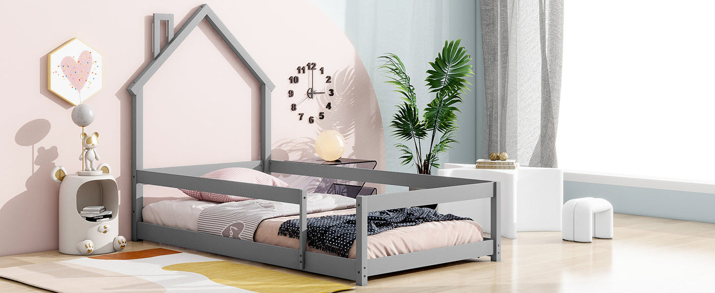 Lit simple taille jumeau en bois gris avec tête de lit en forme de maison