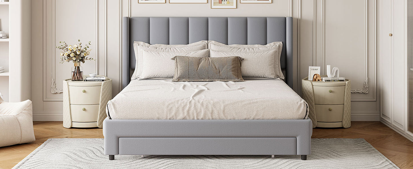 Full Size Storage Bed Velvet Upholstered Platform Bed with a Big Drawer - Gray - Korvel