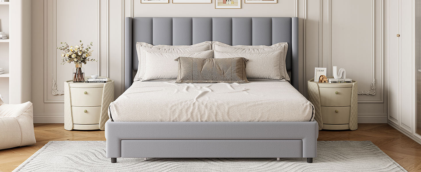 Full Size Storage Bed Velvet Upholstered Platform Bed with a Big Drawer - Gray - Korvel