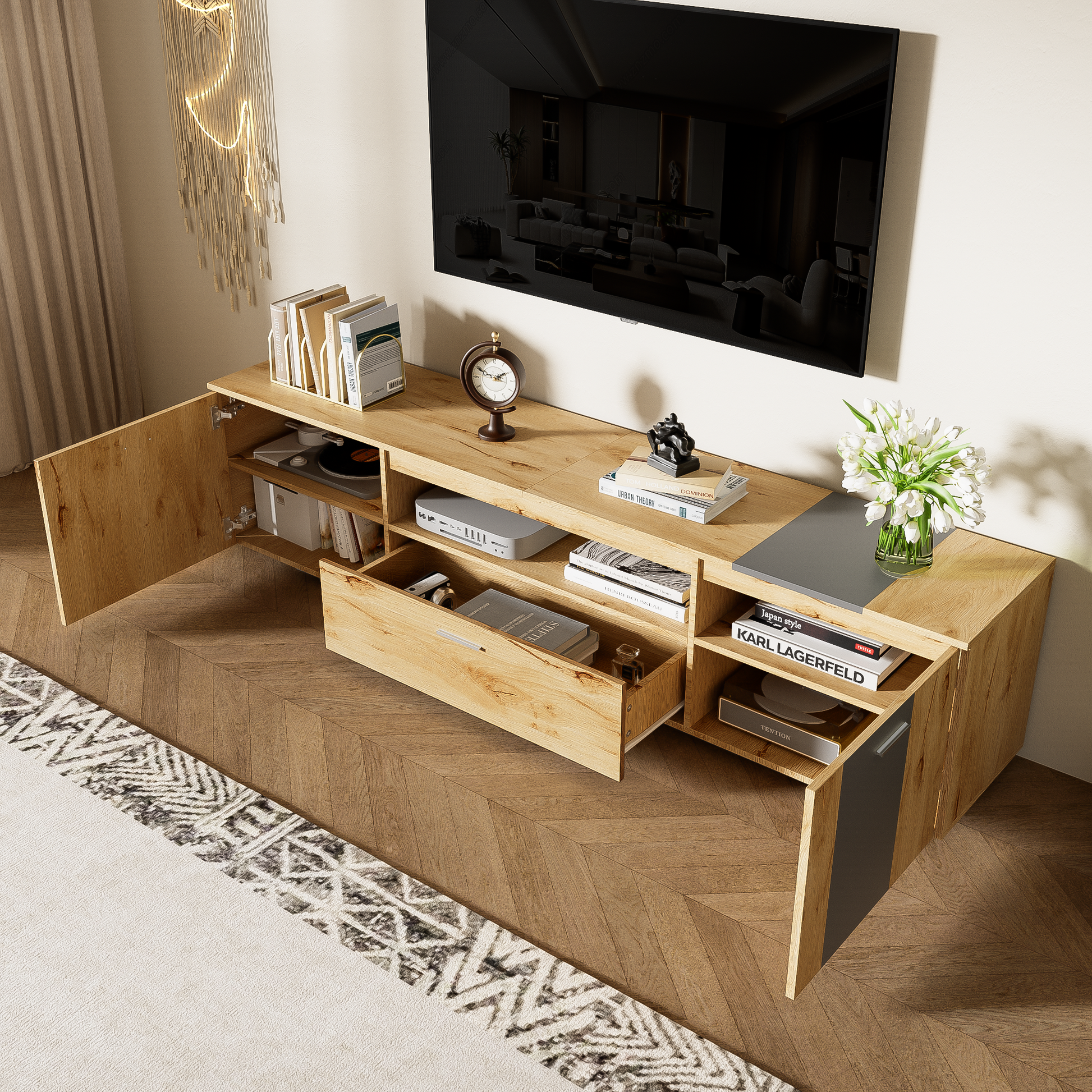 70 inch modern TV stand with 3 cabinets and drawers, entertainment center can accommodate TVs under 80 inches - Korvel