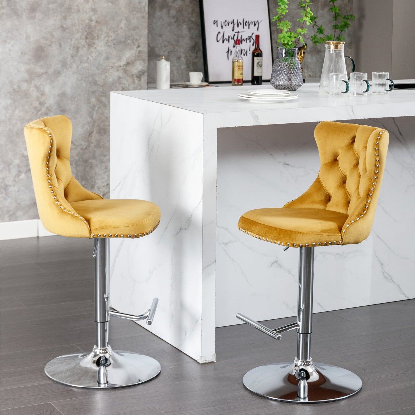 Taburetes de Bar Ajustables Modernos con Base de Cromo - Set de 2