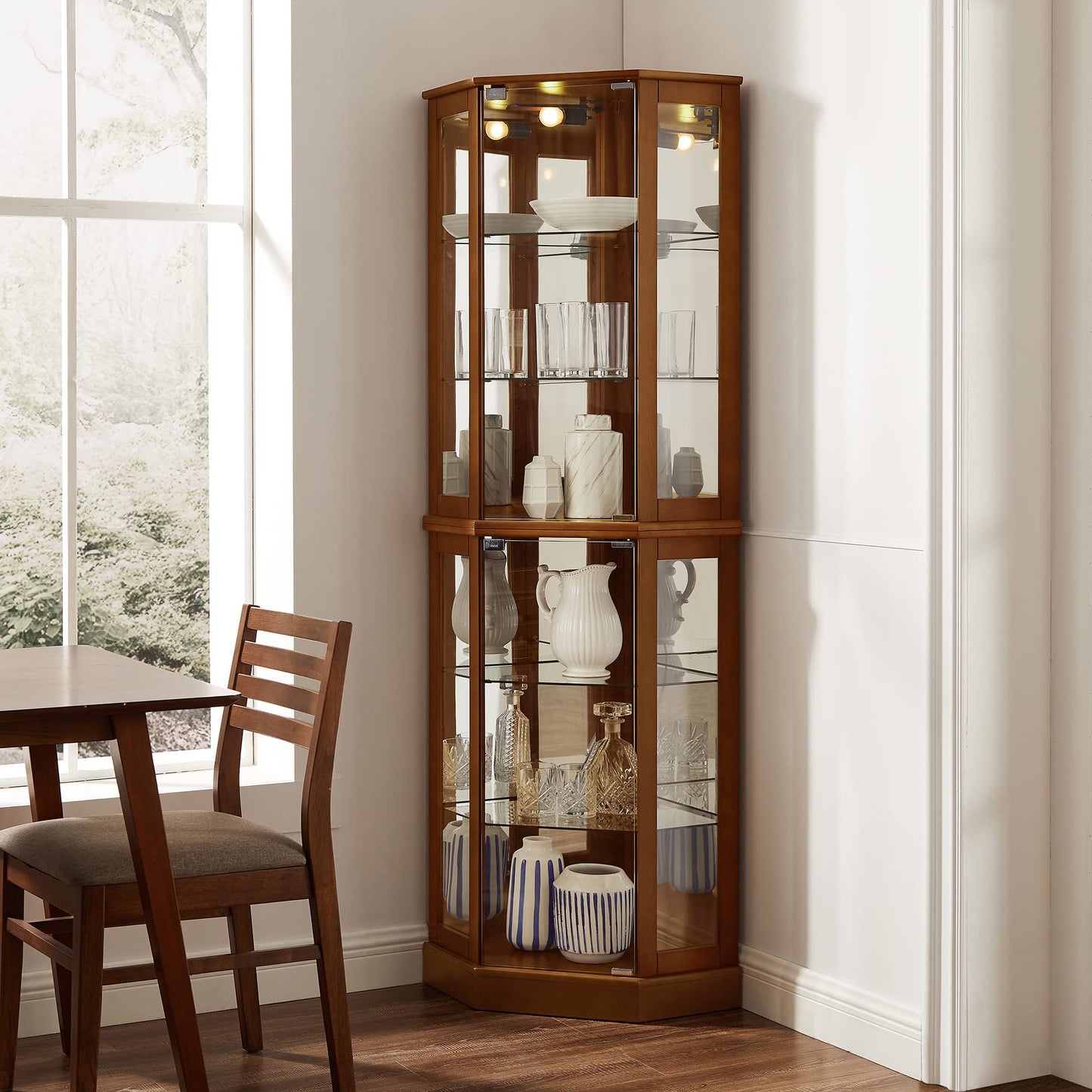 6 shelves corner Curio display cabinet with light mirror and adjustable shelves, walnut wood (excluding E26 light bulbs) - Korvel