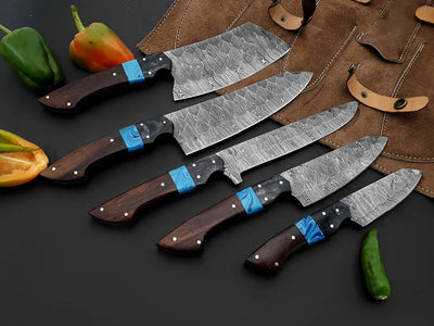 Premium Handmade Damascus Chef Knife Set – 13" Wenge Resin Handle with Leather Sheath - Korvel