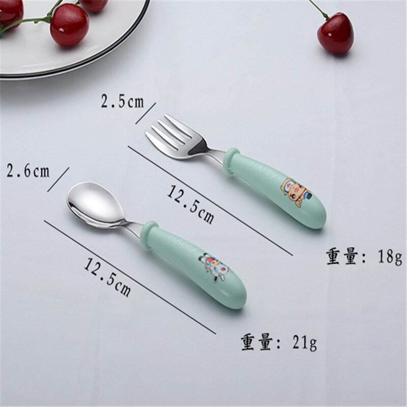 Baby Gadgets Tableware Set Children Utensil Stainless Steel Toddler Dinnerware Cutlery Cartoon Infant Food Feeding Spoon Fork - Korvel