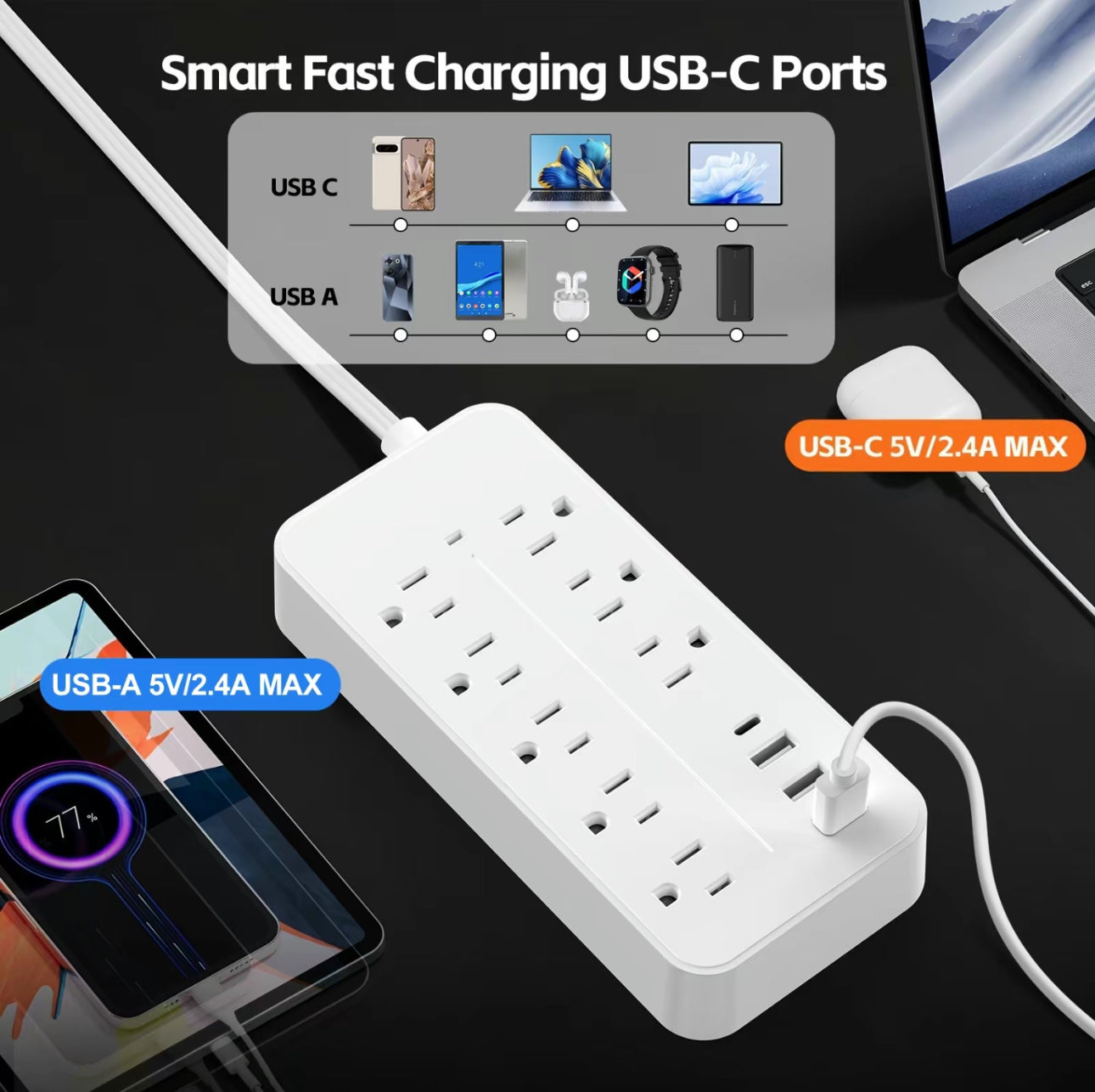 FlatCharge 8-Outlet Power Strip with USB Ports