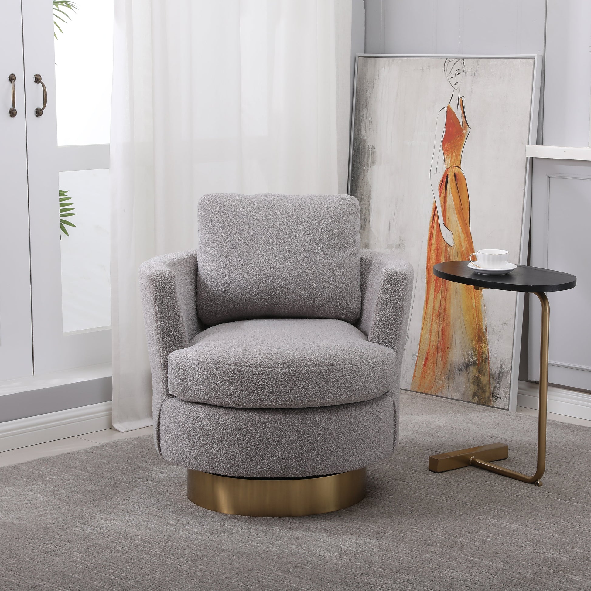 Teddy Rotating Bucket Chair Rotating Emphasis Chair Living Room Armchair Gold Stainless Steel Base Round Bucket Chair (Gray) - Korvel