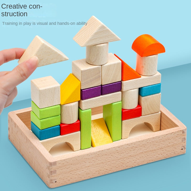 Wooden box packed building blocks, shape recognition, creativity, assembly thinking, exercise, color recognition, early education, interactive wooden toys - Korvel