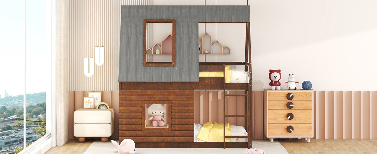 Wood Twin Size House Bunk Bed with Roof, Ladder and 2 Windows, Oak & Smoky Grey - Korvel