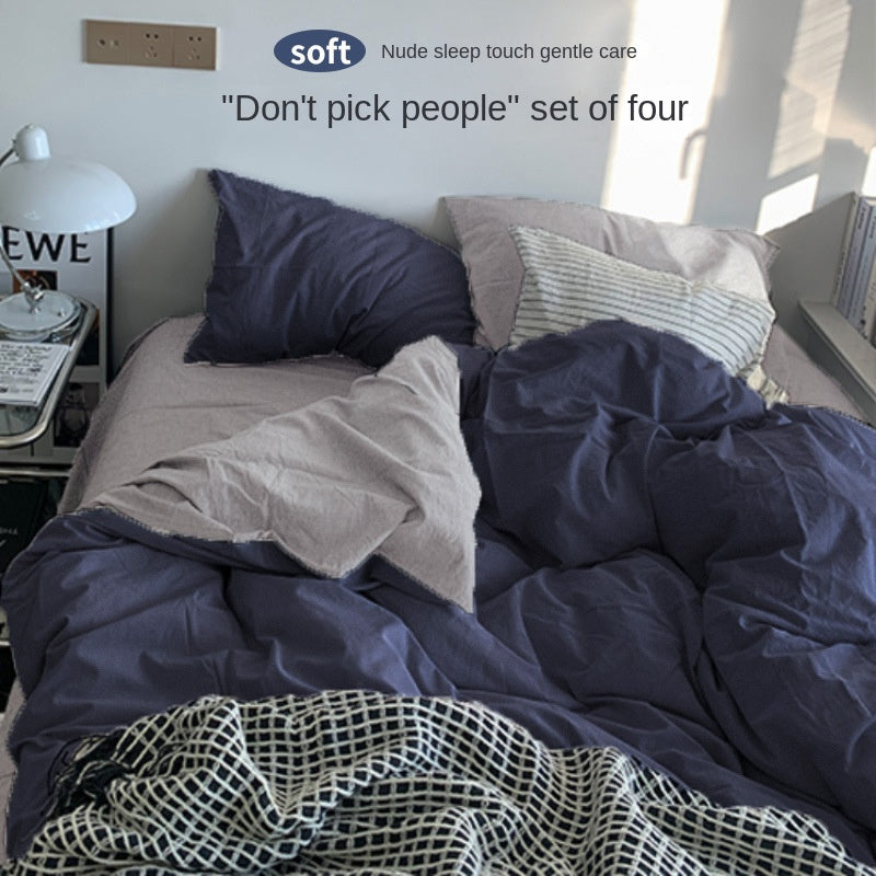 Solid Color Simple Four-Piece Set Flannel Quilt Cover INS Style Quilt Cover Dormitory Summer Washed Cotton Bedding Three-Piece Set - Korvel