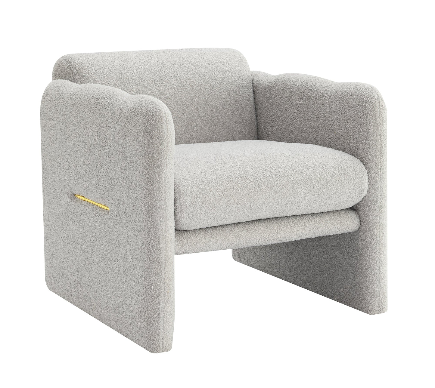 Armchair with wavy armrests, metal decorations on both sides of the armrests, made of Teddy cloth, light gray - Korvel