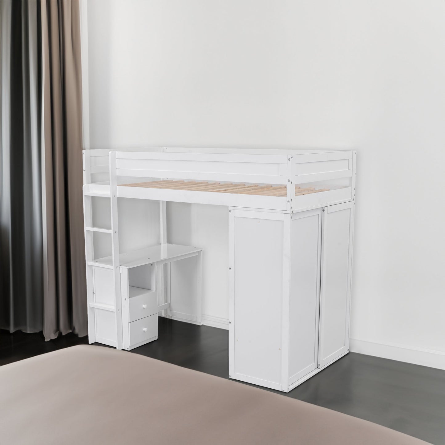 Wood Twin Size Loft Bed with Wardrobes and 2-Drawer Desk with Cabinet  White - Korvel
