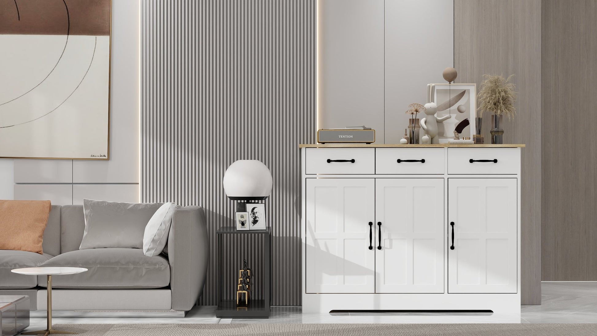 Farmhouse Buffet Cabinet Storage Sideboard with 3 Drawers and 3 Doors for Dining Living Room Kitchen Cupboard-White - Korvel