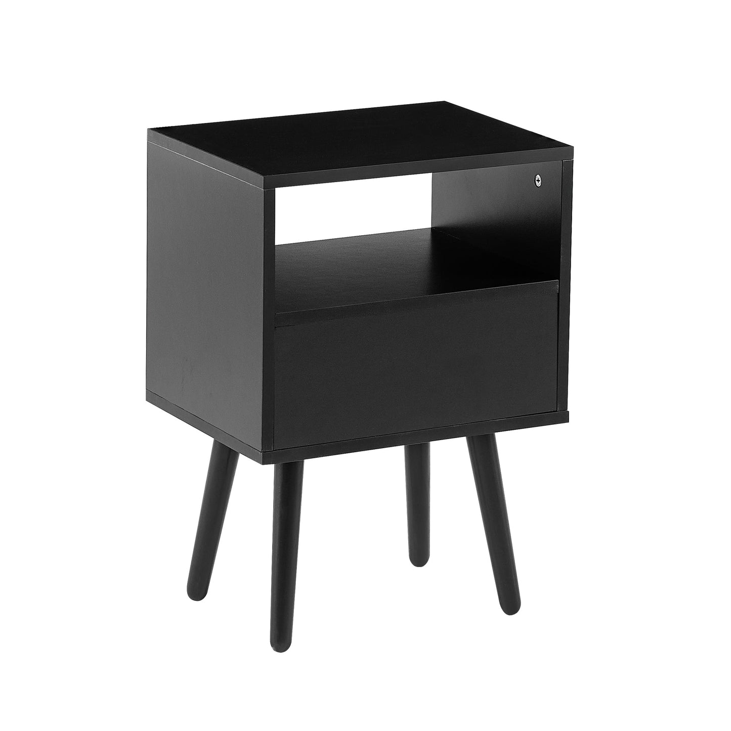 15.75" Rattan End table with drawer and solid wood legs Modern nightstand side table for living room black - Korvel