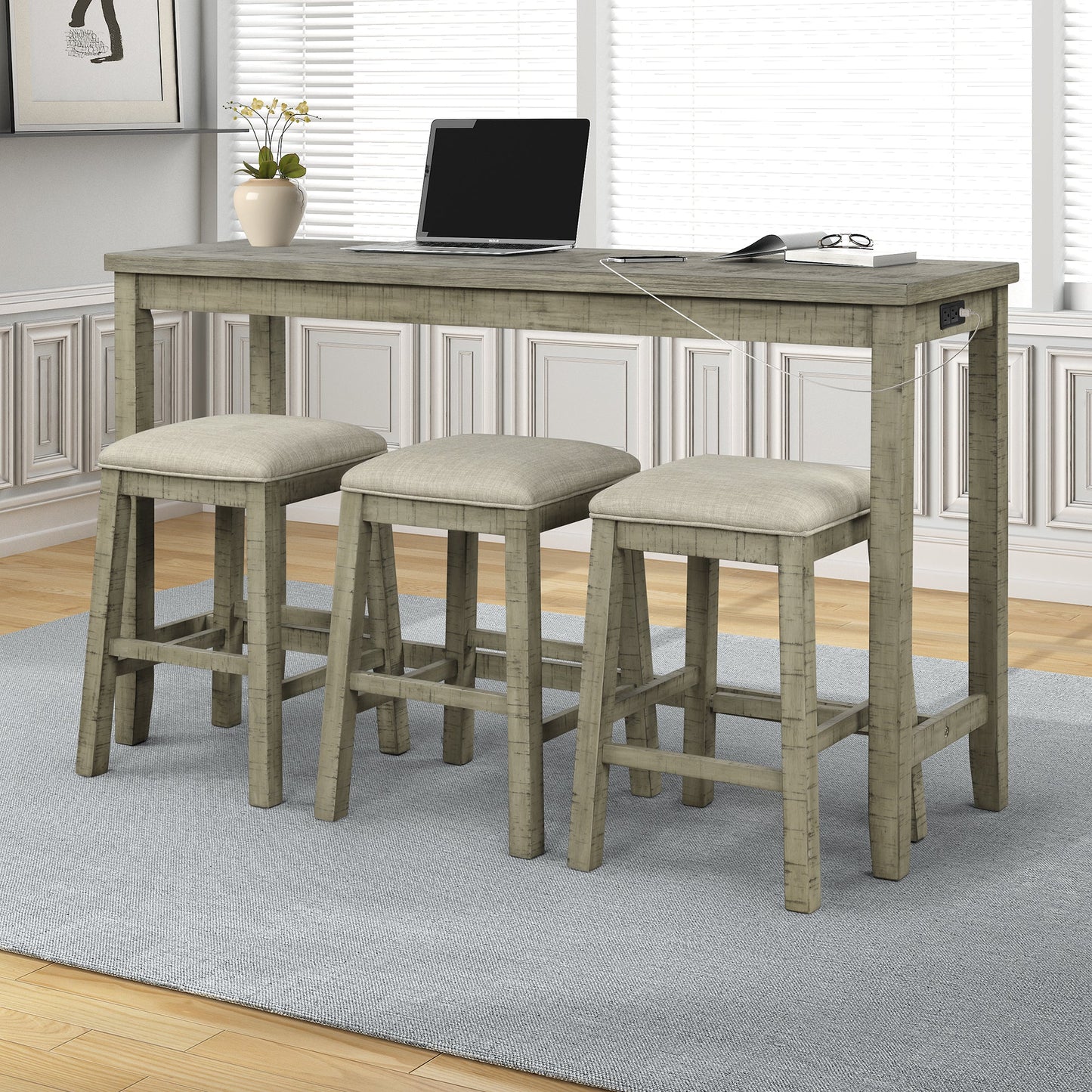 TOPMAX 4 Pieces Counter Height Table with Fabric Padded Stools,Rustic Bar Dining Set with Socket,Gray Green - Korvel