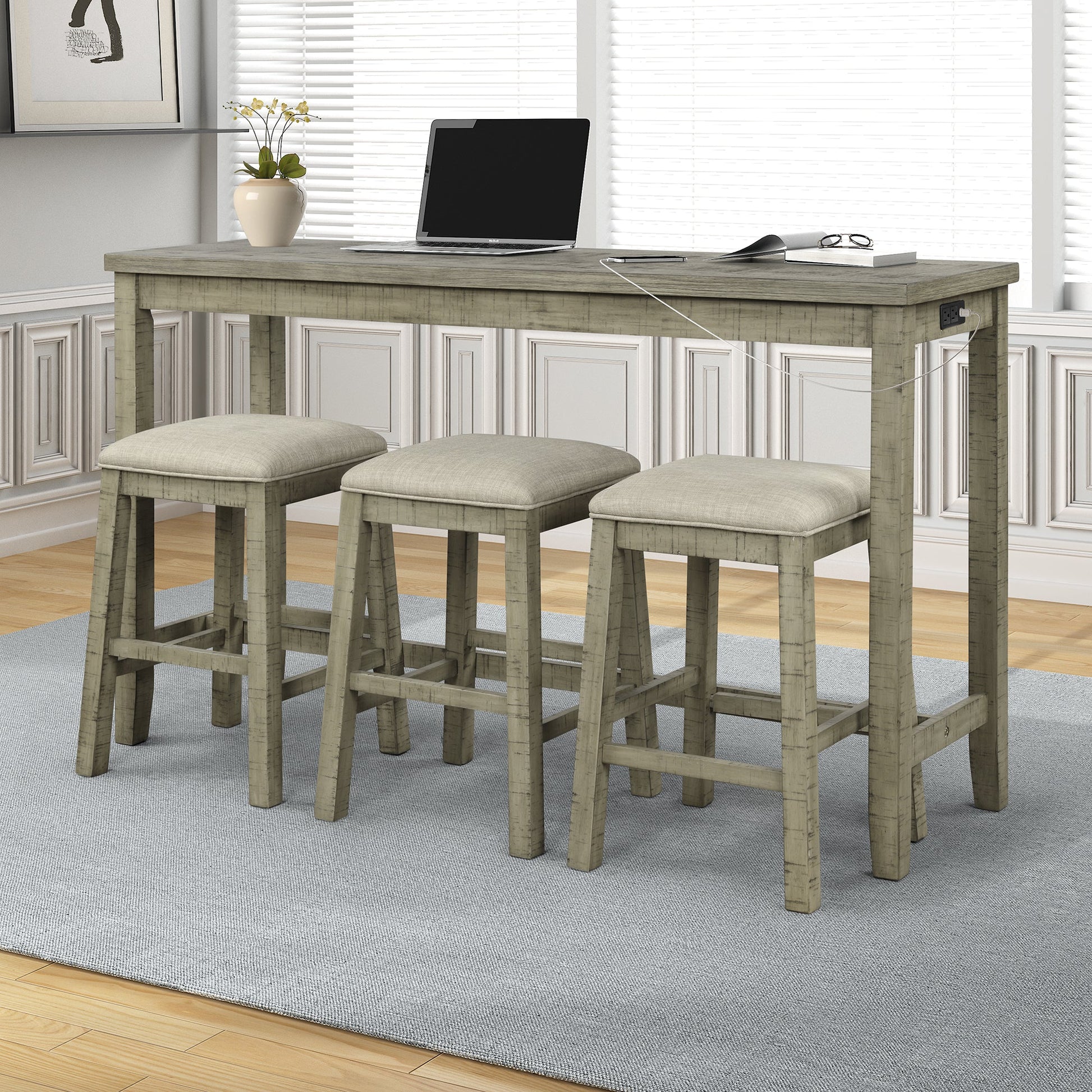 TOPMAX 4 Pieces Counter Height Table with Fabric Padded Stools,Rustic Bar Dining Set with Socket,Gray Green - Korvel