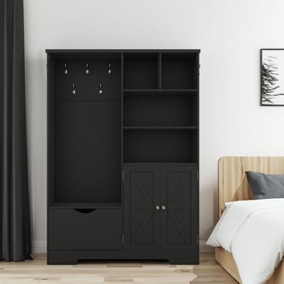 Multi-functional Hall Tree with Storage Shelves Drawers and Cabinet, Elegant Hallway Shoe Cabinet with Bench Modern Black - Korvel