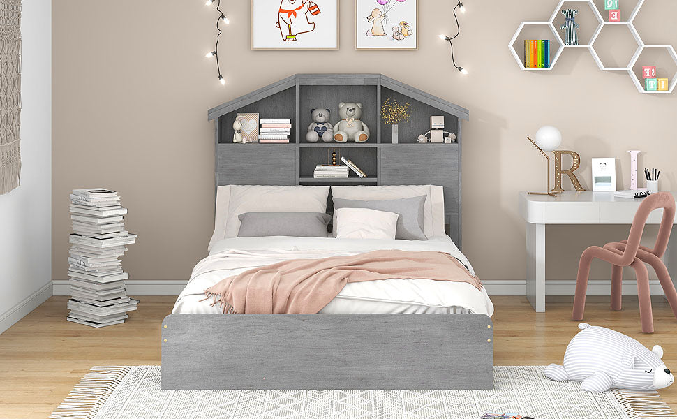 Full Size Wood Platform Bed with Storage Headboard - Gray