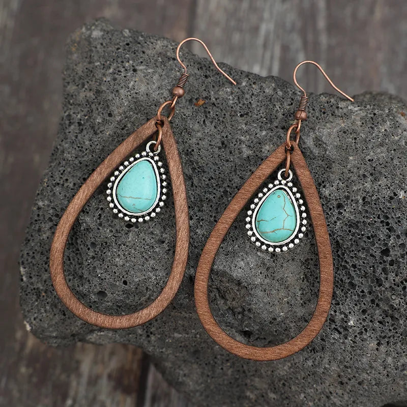 Wooden Turquoise Cutout Teardrop Earrings - Korvel