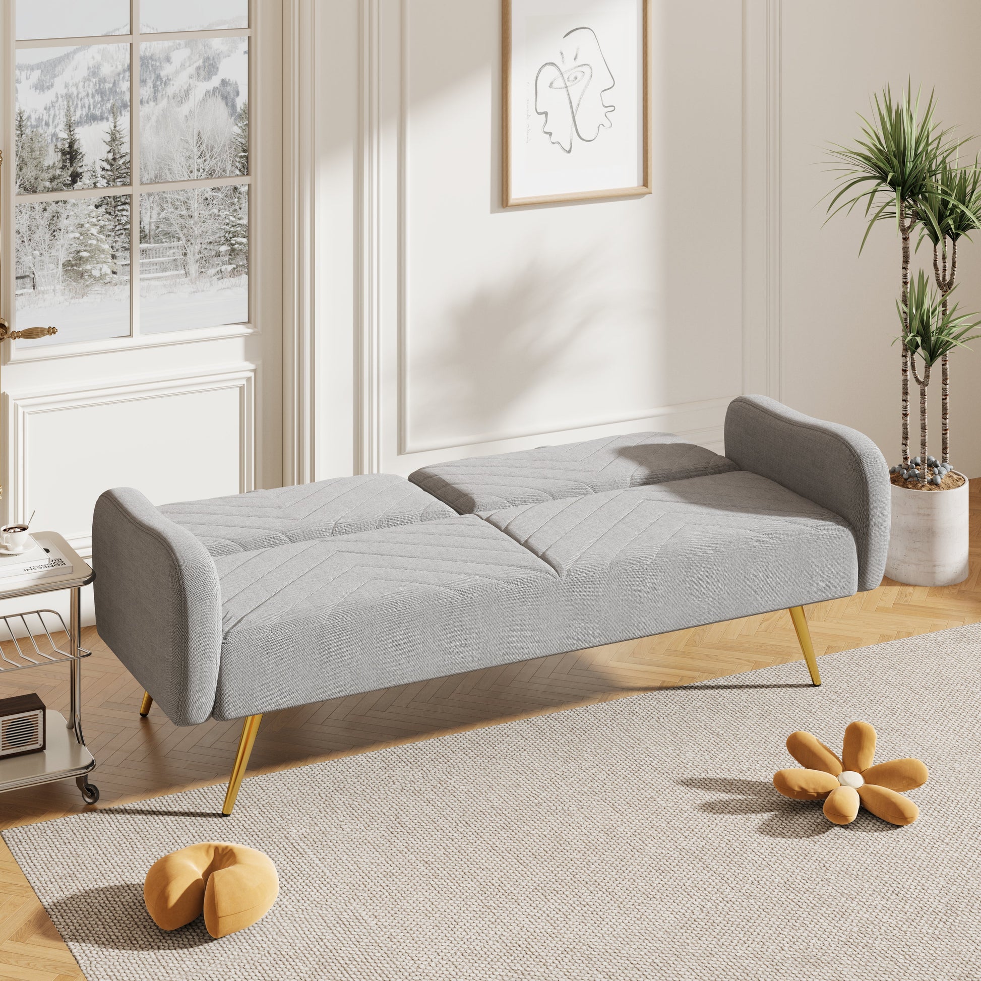 70.47" Gray Fabric Double Sofa with Split Backrest and Two Throw Pillows - Korvel