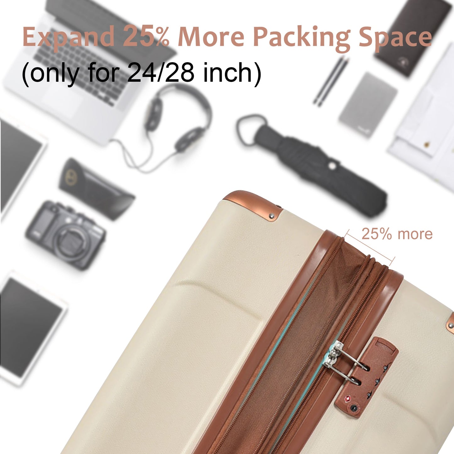 Hardshell Luggage Sets 3 Pcs Spinner Suitcase with TSA Lock Lightweight 20''24''28'' Brown white + ABS - Korvel