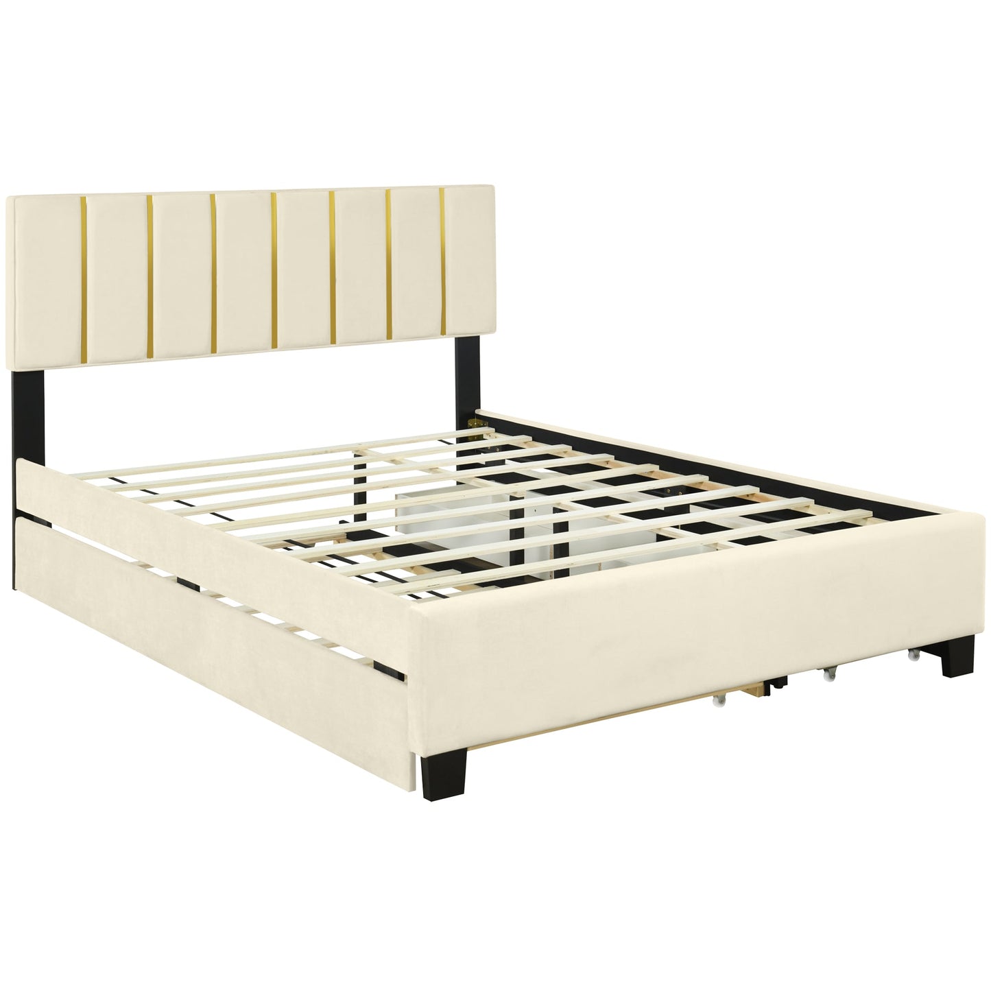 Elegant Queen Size Upholstered Platform Bed with Storage and Trundle