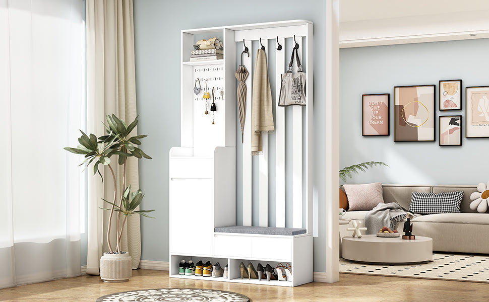 39.3'W70.8'H multifunctional corridor shoe cabinet with soft padded nail board and white clothes hanger with entrance hook - Korvel