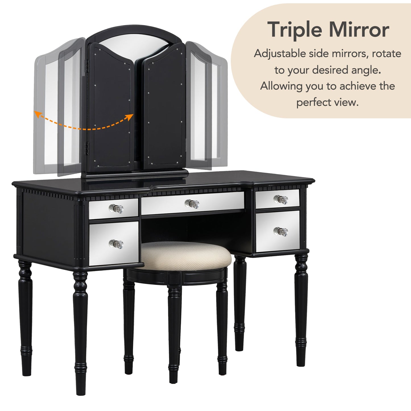 GO 43" Dressing Table Set with Mirrored Drawers and Stool, Tri-fold Mirror, Makeup Vanity Set for Bedroom, Black - Korvel